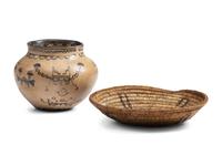 Cochiti Figural Pottery Jar and Navajo Basket
