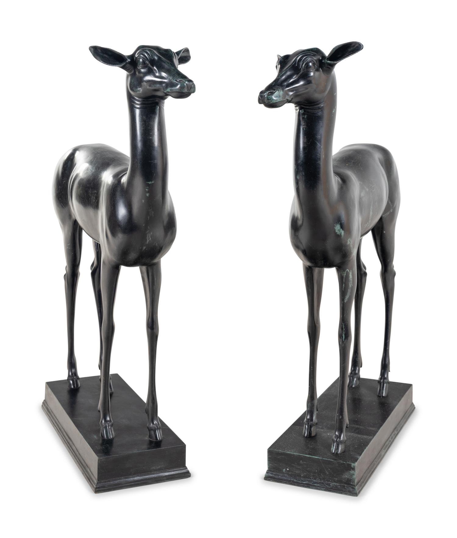A Pair of Italian Bronze Figures of Pompeiian Fallow Deer After the Antique