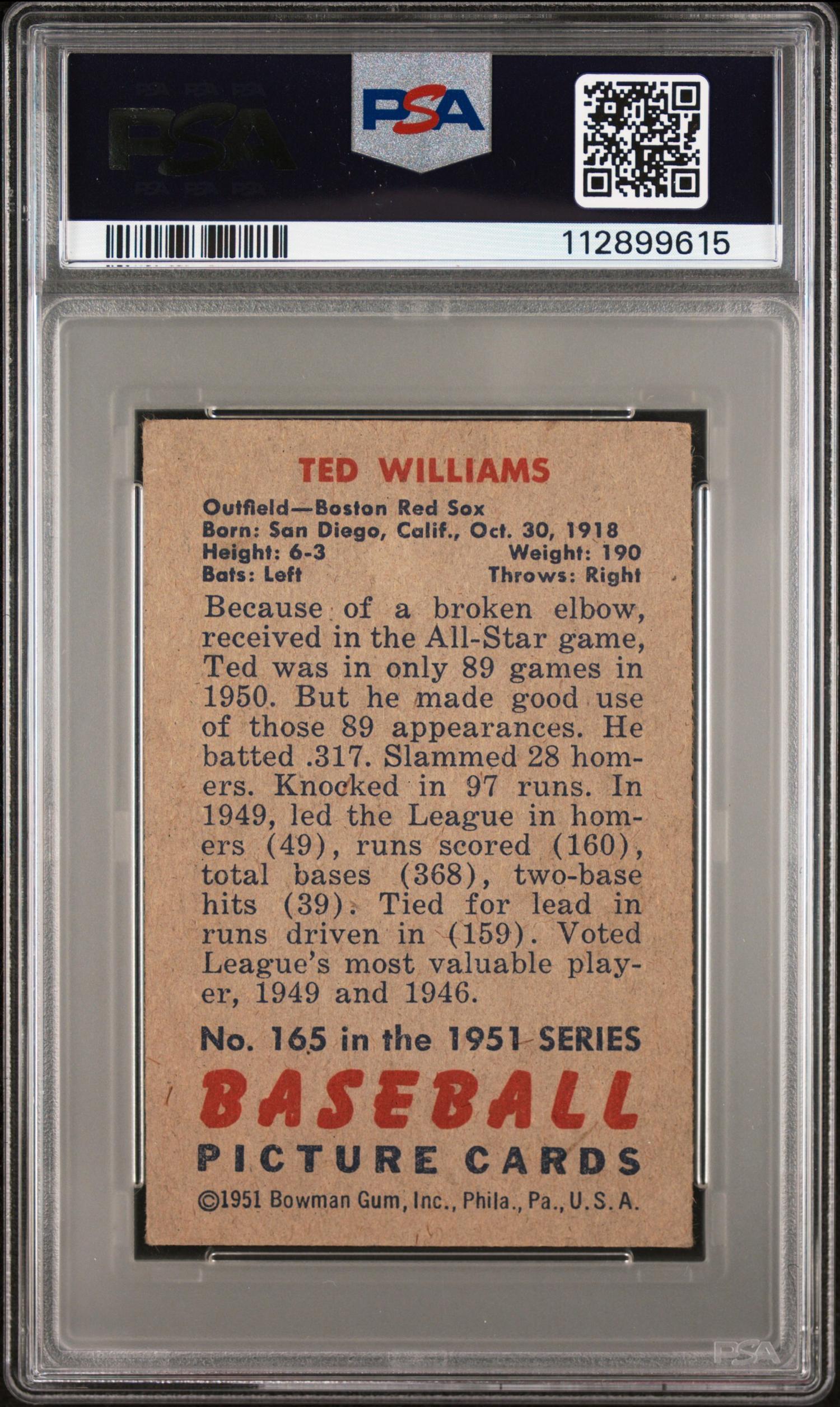 A 1951 Bowman Ted Williams Baseball Card No. 165 (PSA 3 VG)