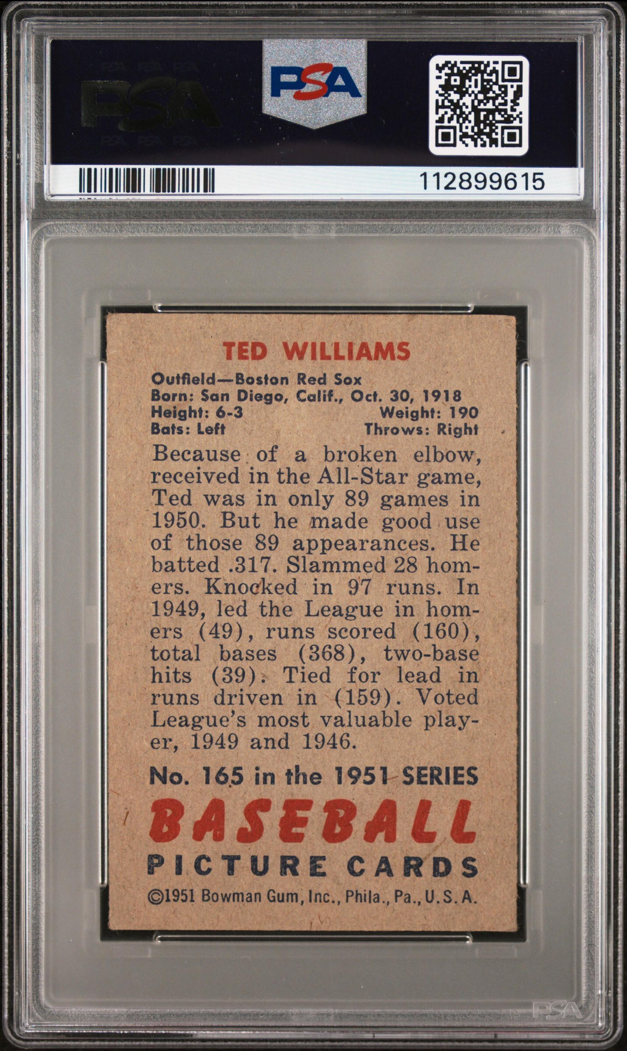 A 1951 Bowman Ted Williams Baseball Card No. 165 (PSA 3 VG)