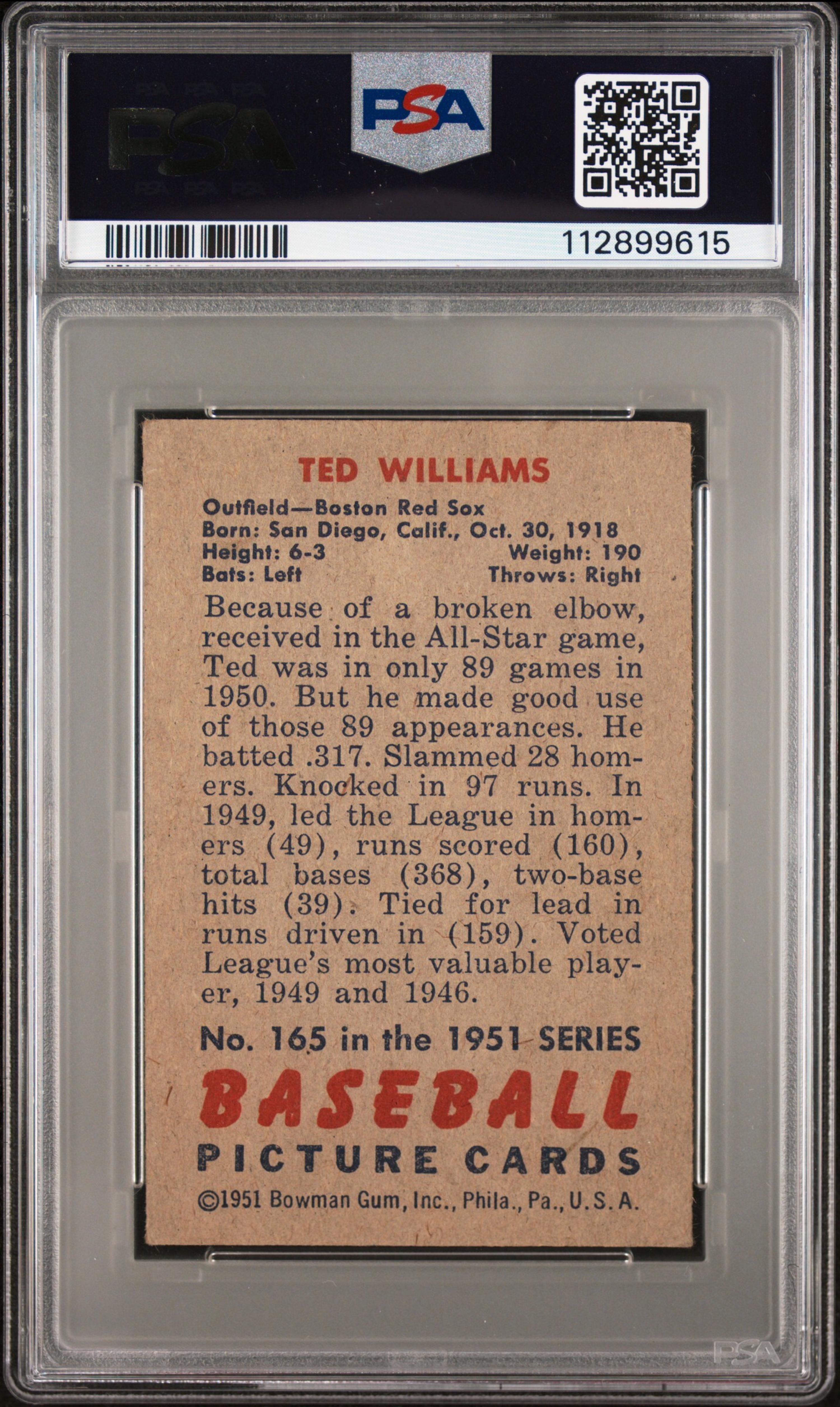 A 1951 Bowman Ted Williams Baseball Card No. 165 (PSA 3 VG)