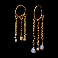 Two Byzantine Pearl, Chalcedony, and Gold Hoop Earrings