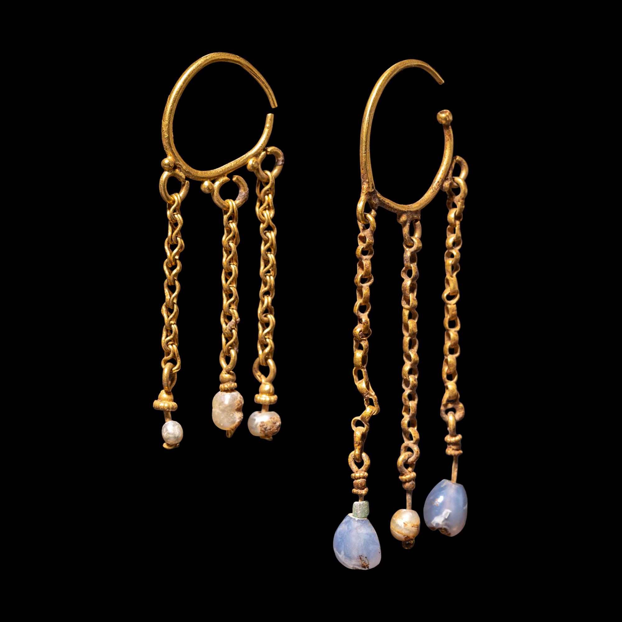 Two Byzantine Pearl, Chalcedony, and Gold Hoop Earrings
