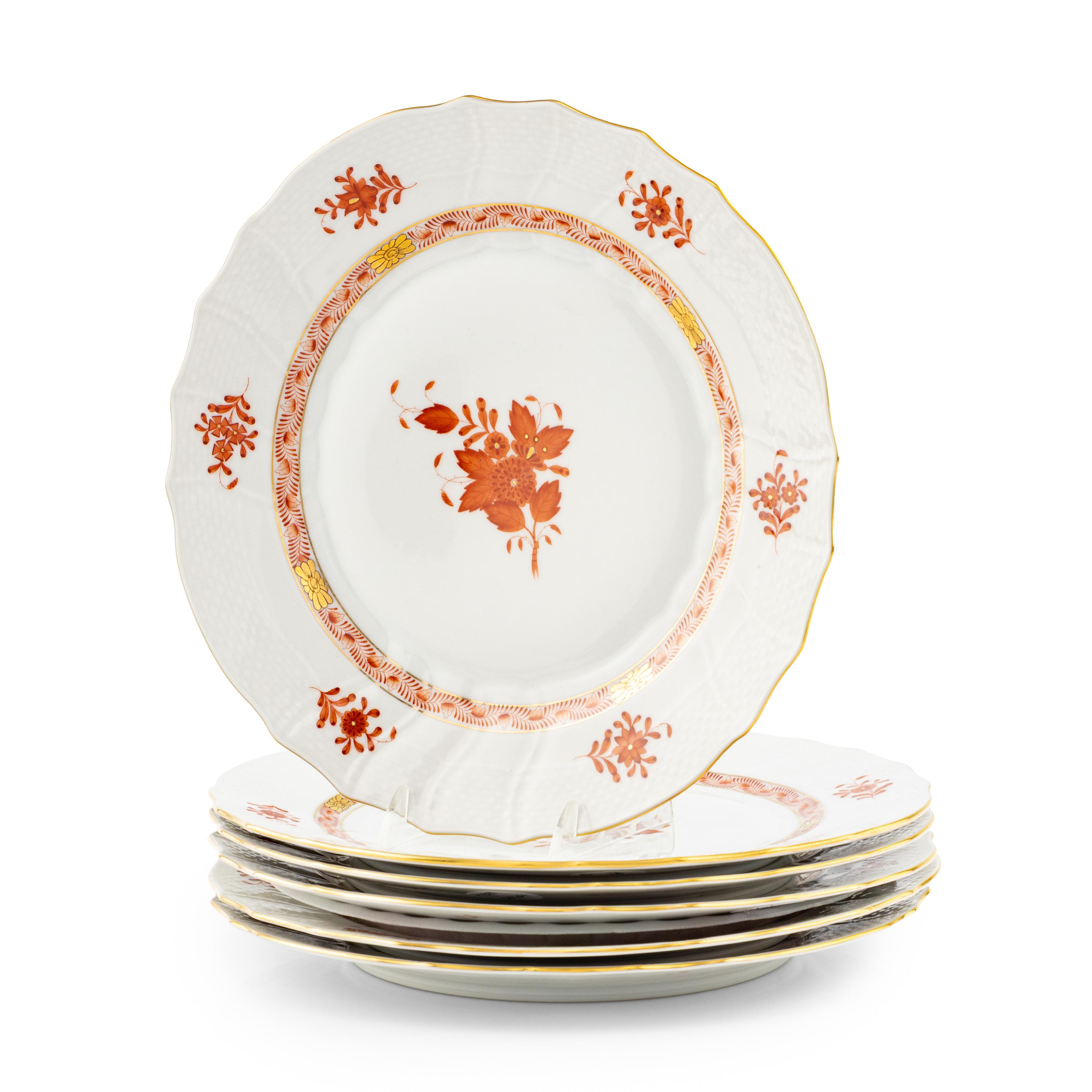 A Set of Six Herend Chinese Bouquet Rust Porcelain Dinner Plates