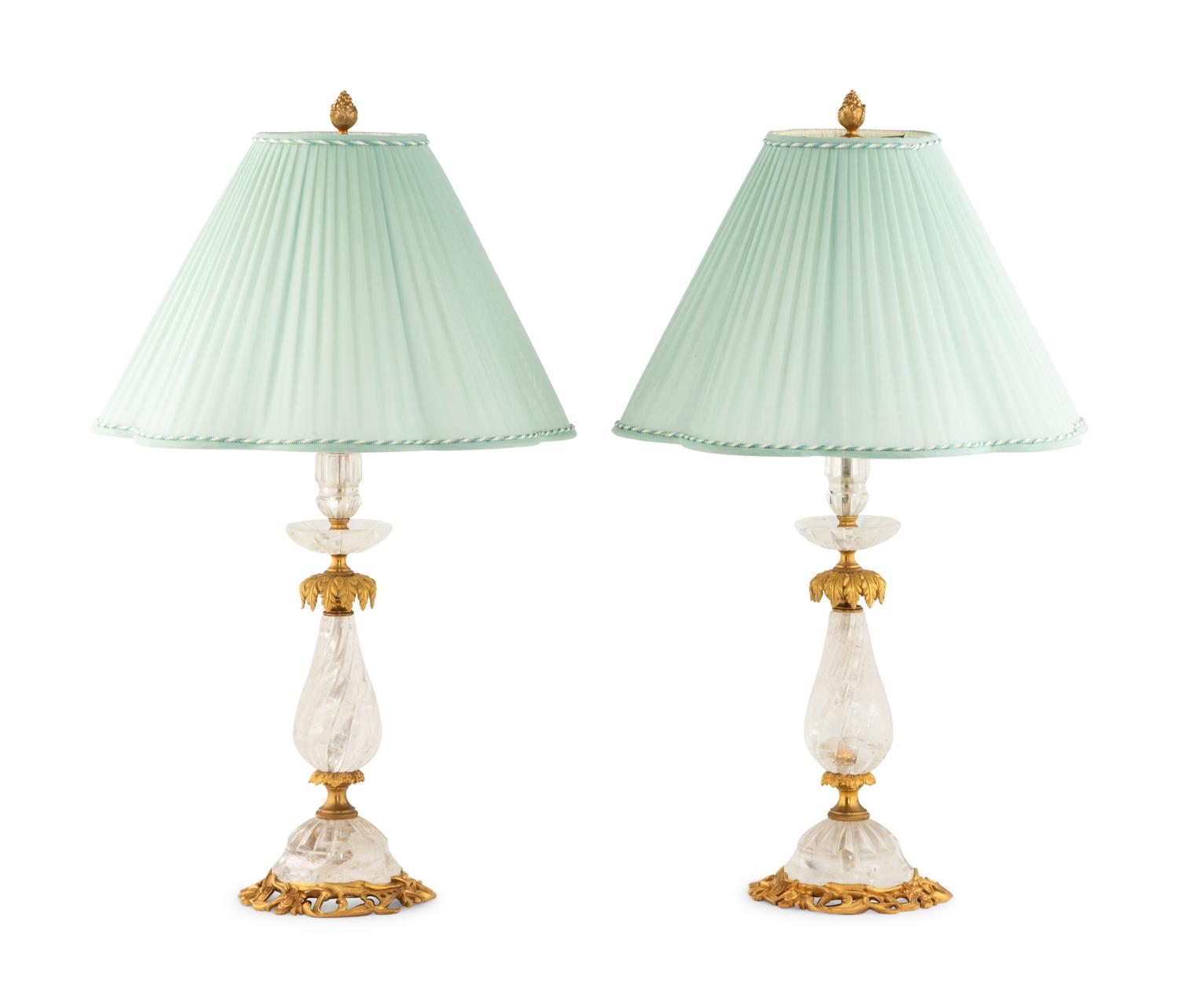 A Pair of Continental Gilt Bronze Mounted Rock Crystal Table Lamps