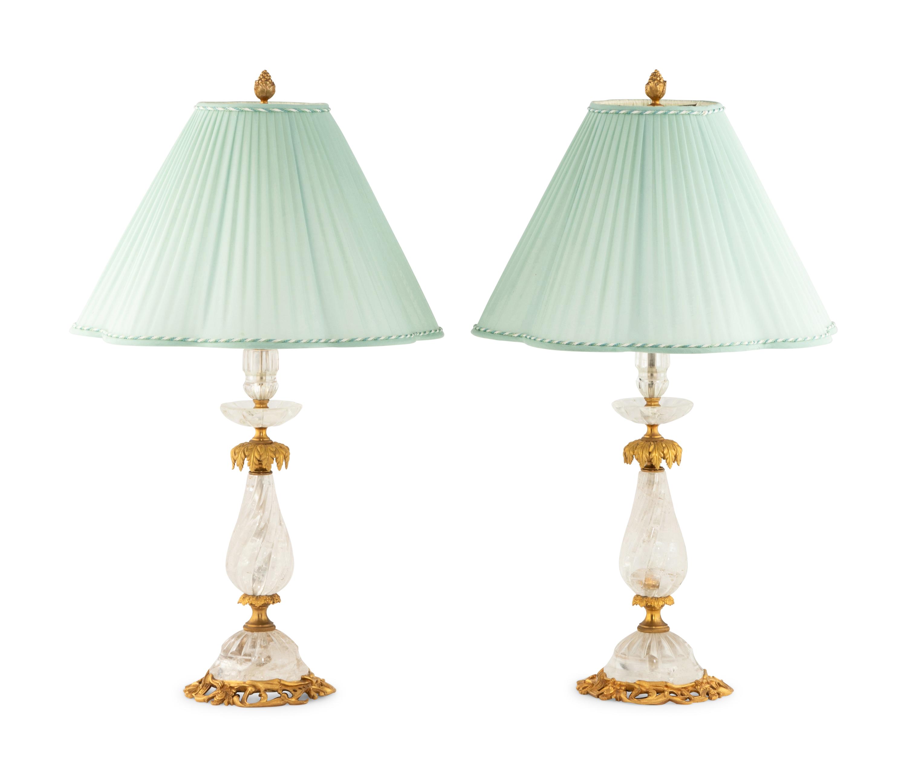 A Pair of Continental Gilt Bronze Mounted Rock Crystal Table Lamps