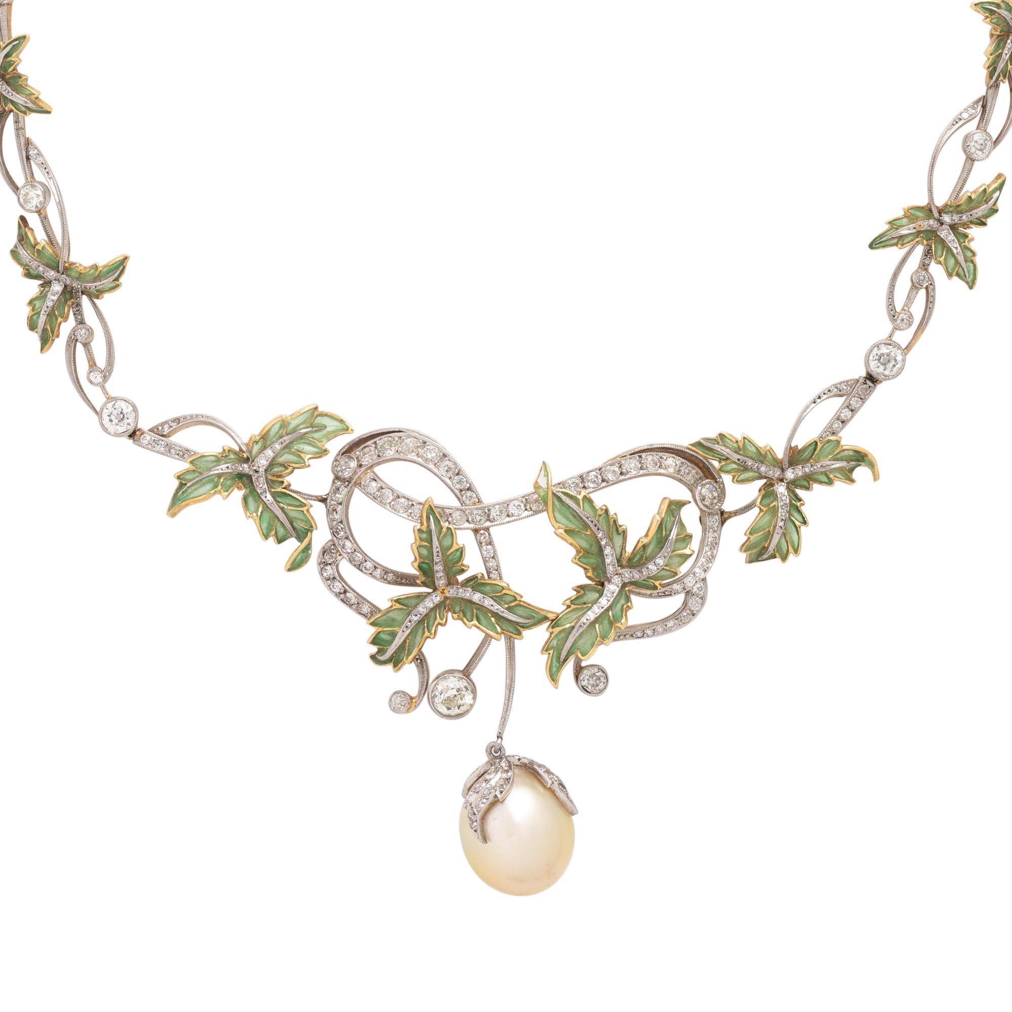 EVELYN CLOTHIER, DIAMOND, PLIQUE-À-JOUR ENAMEL AND CULTURED SOUTH SEA PEARL NECKLACE