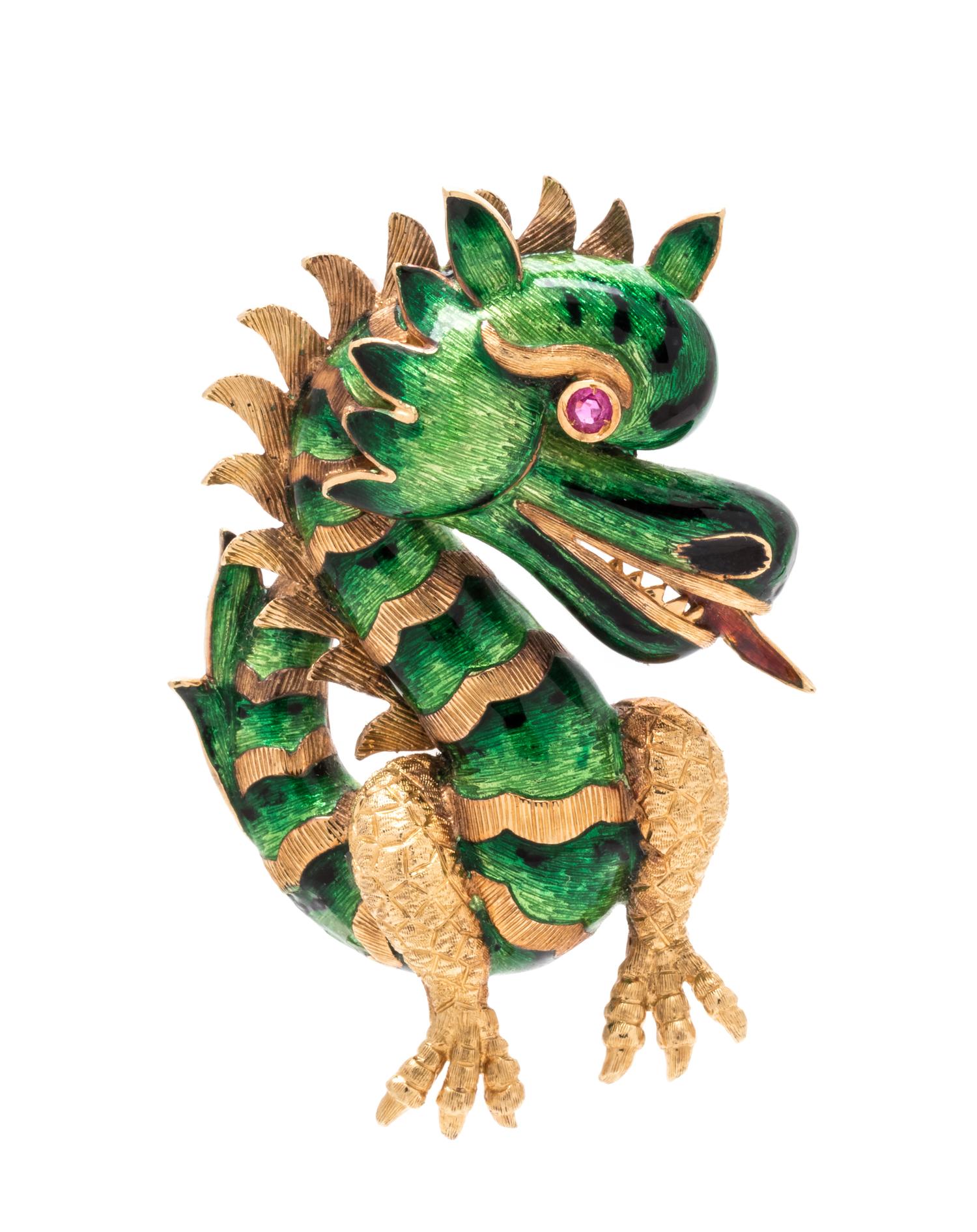 An 18 Karat Yellow Gold, Pink Sapphire and Polychrome Enamel Dragon Brooch,