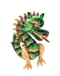 An 18 Karat Yellow Gold, Pink Sapphire and Polychrome Enamel Dragon Brooch,