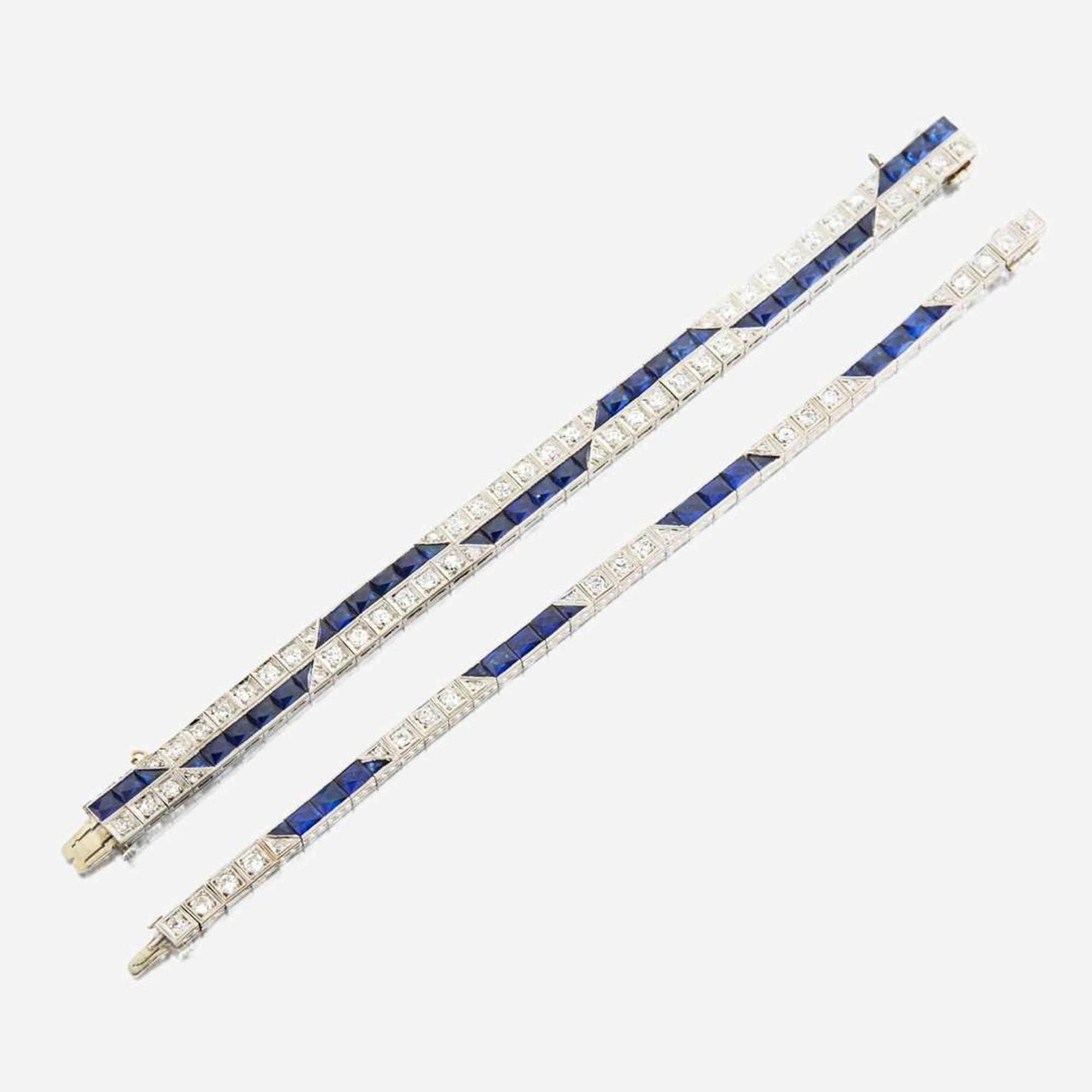 Two Art Deco synthetic sapphire, diamond, and platinum bracelets