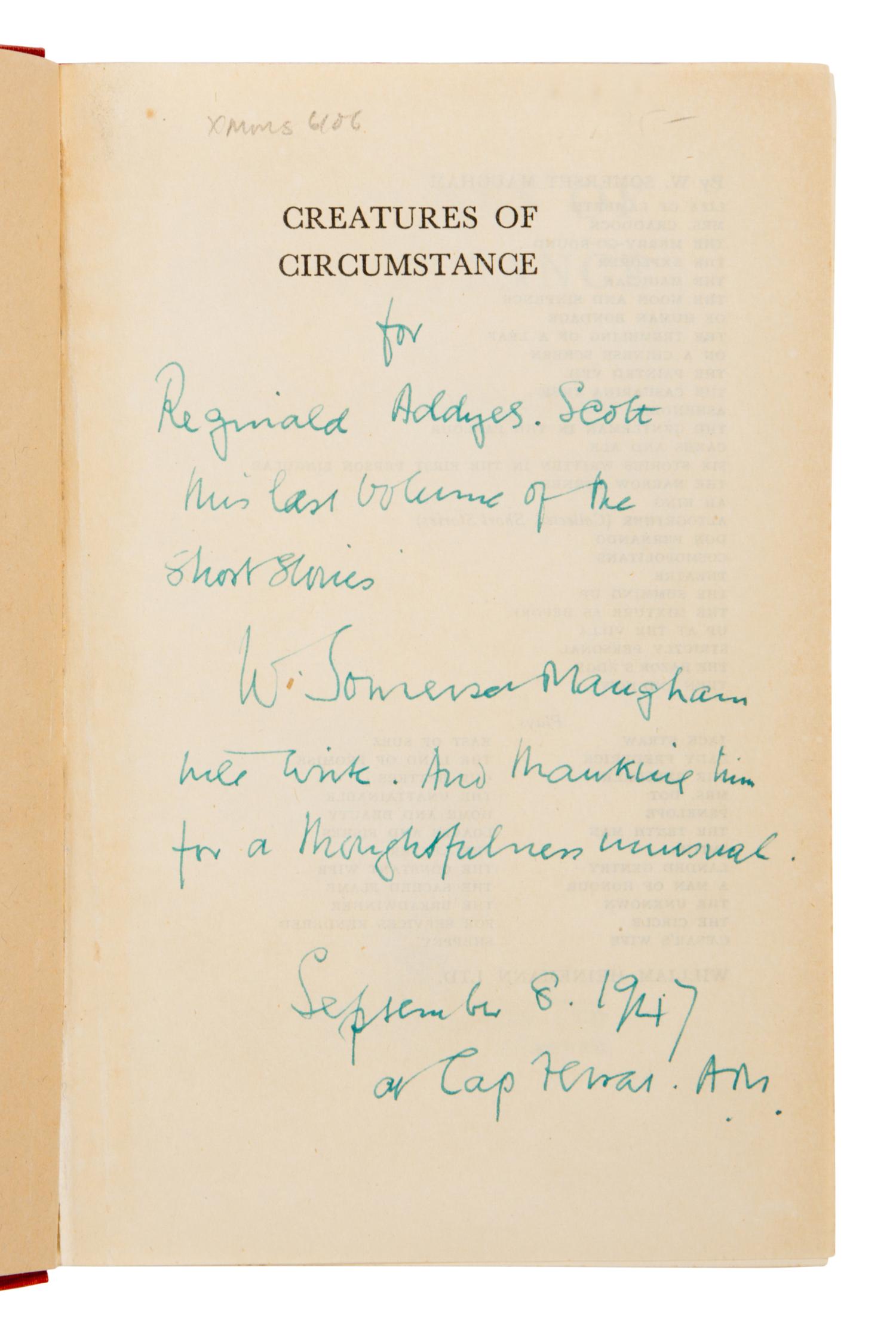 Maugham, W. Somerset (1874-1965). Creatures of Circumstance . London: William Heinemann Ltd., 1947.