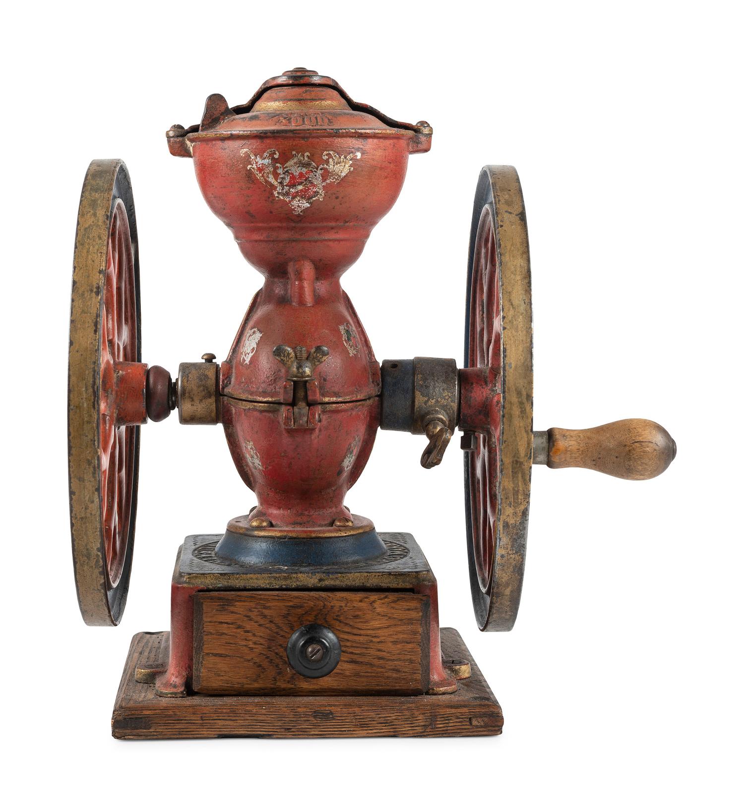 A Charles Parker No. 3000 Painted and Parcel Gilt Double-Wheeled Cast Iron Coffee Mill