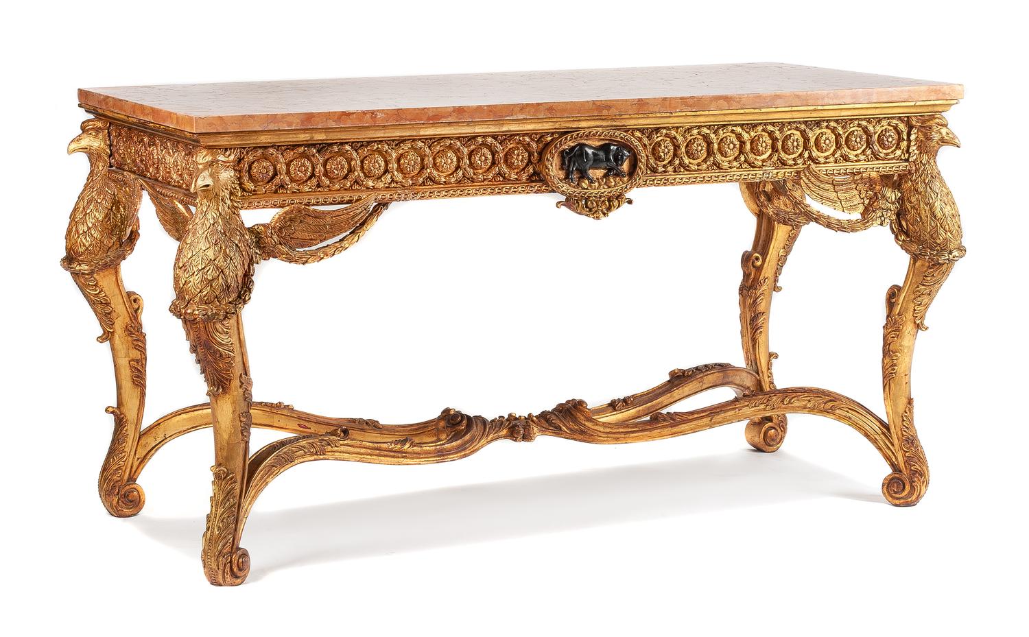 An Italian Giltwood Console Table Height 34 1/4 x width 63 7/8 x depth 30 1/2 inches. — LATE 19TH/EARLY 20TH CENTURY
