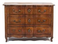 A Louis XV Provincial Style Carved Walnut Three Drawer Commode Height 36 x width 49 x depth 23 1/2 inches. — 19TH CENTURY