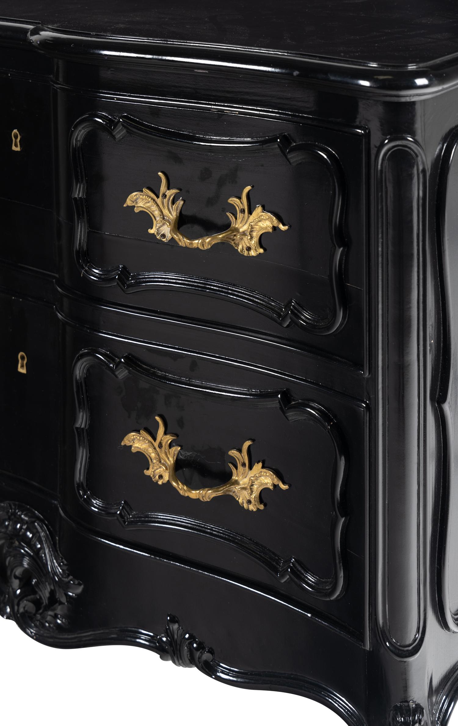 A Pair of Louis XV Style Gilt Metal Mounted Black-Lacquered Commodes