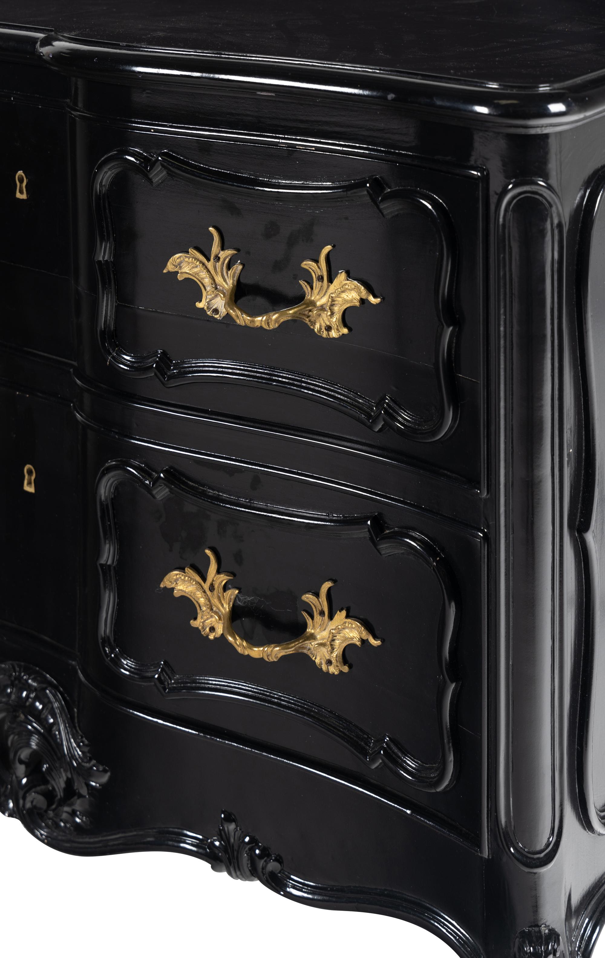 A Pair of Louis XV Style Gilt Metal Mounted Black-Lacquered Commodes