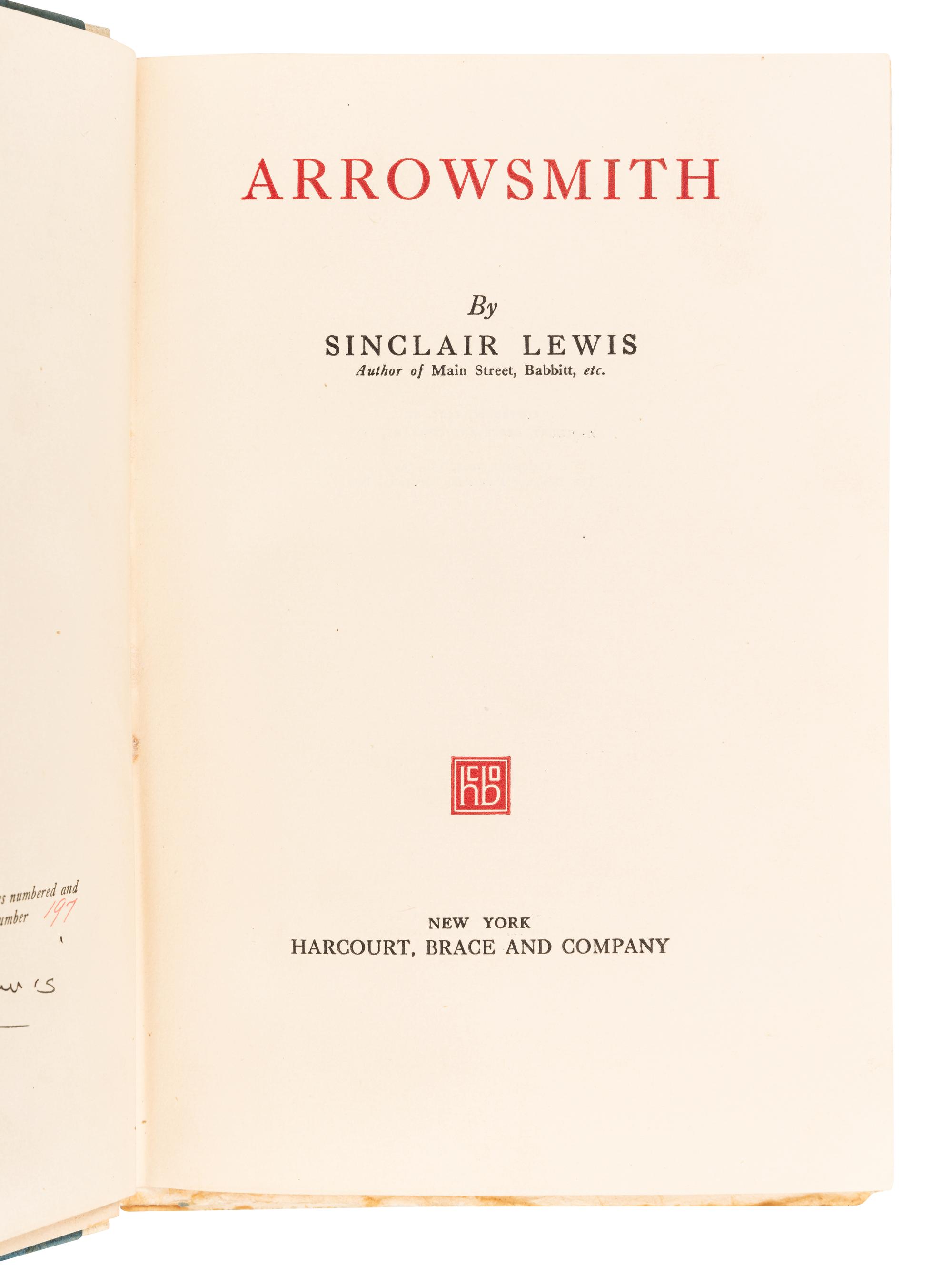 LEWIS, Sinclair (1885-1951). Arrowsmith. New York: Harcourt, Brace, and Company, 1925.