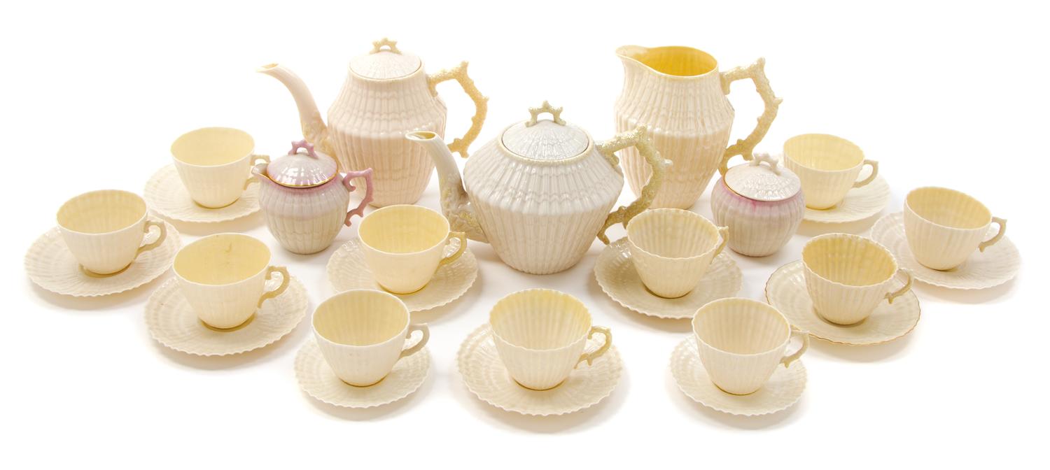 An Assembled Belleek Coral and Shells Tea Service Height of tallest 7 inches. — THIRD BLACK MARK THROUGH FIFTH GREEN MARK (1926-1955)