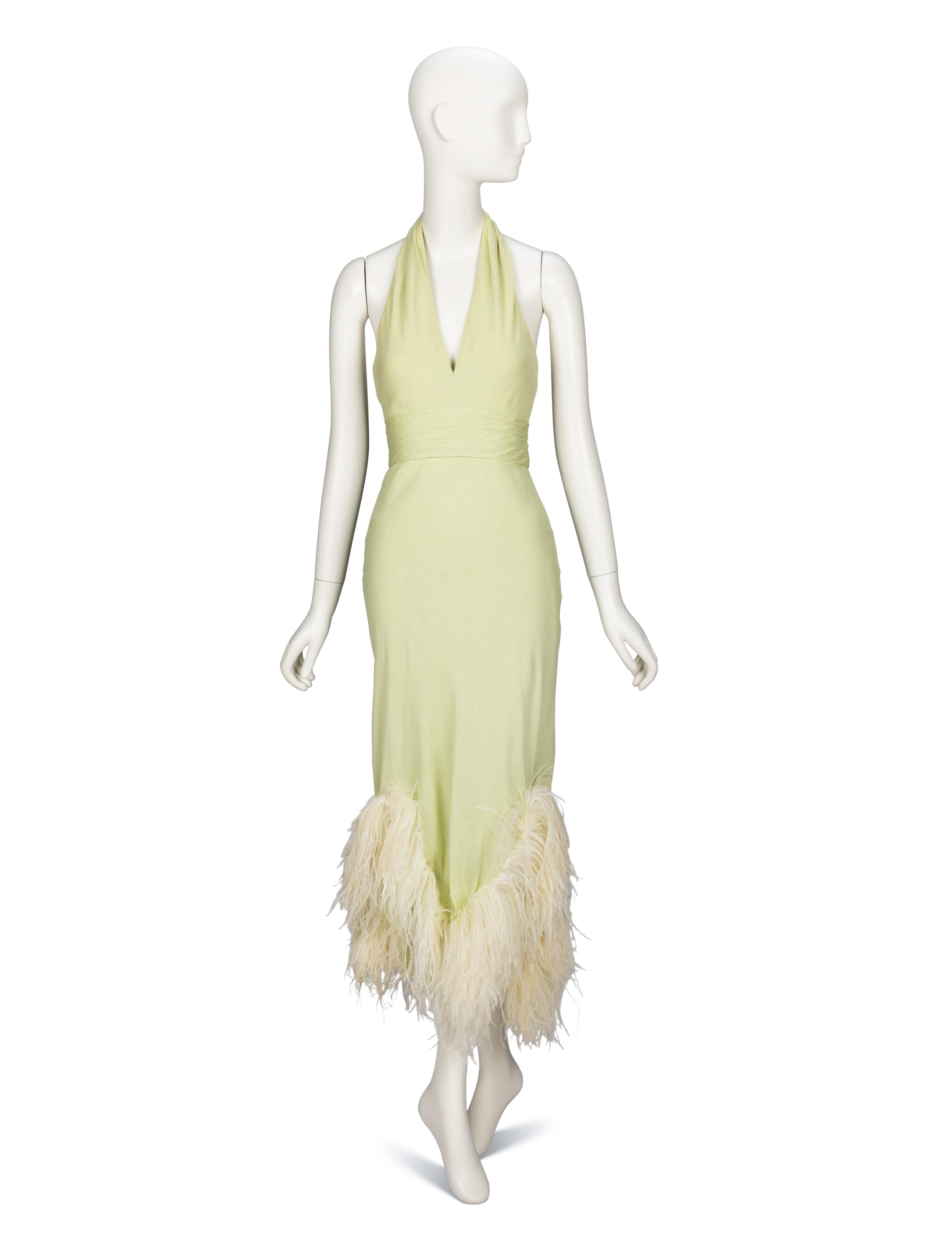 Bill Blass, Pale Green Feathered Halter Dress