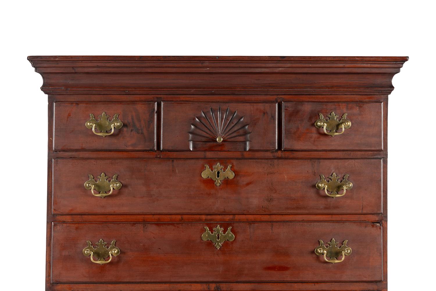 A Queen Anne Fan-Carved Cherrywood Flat-Top High Chest