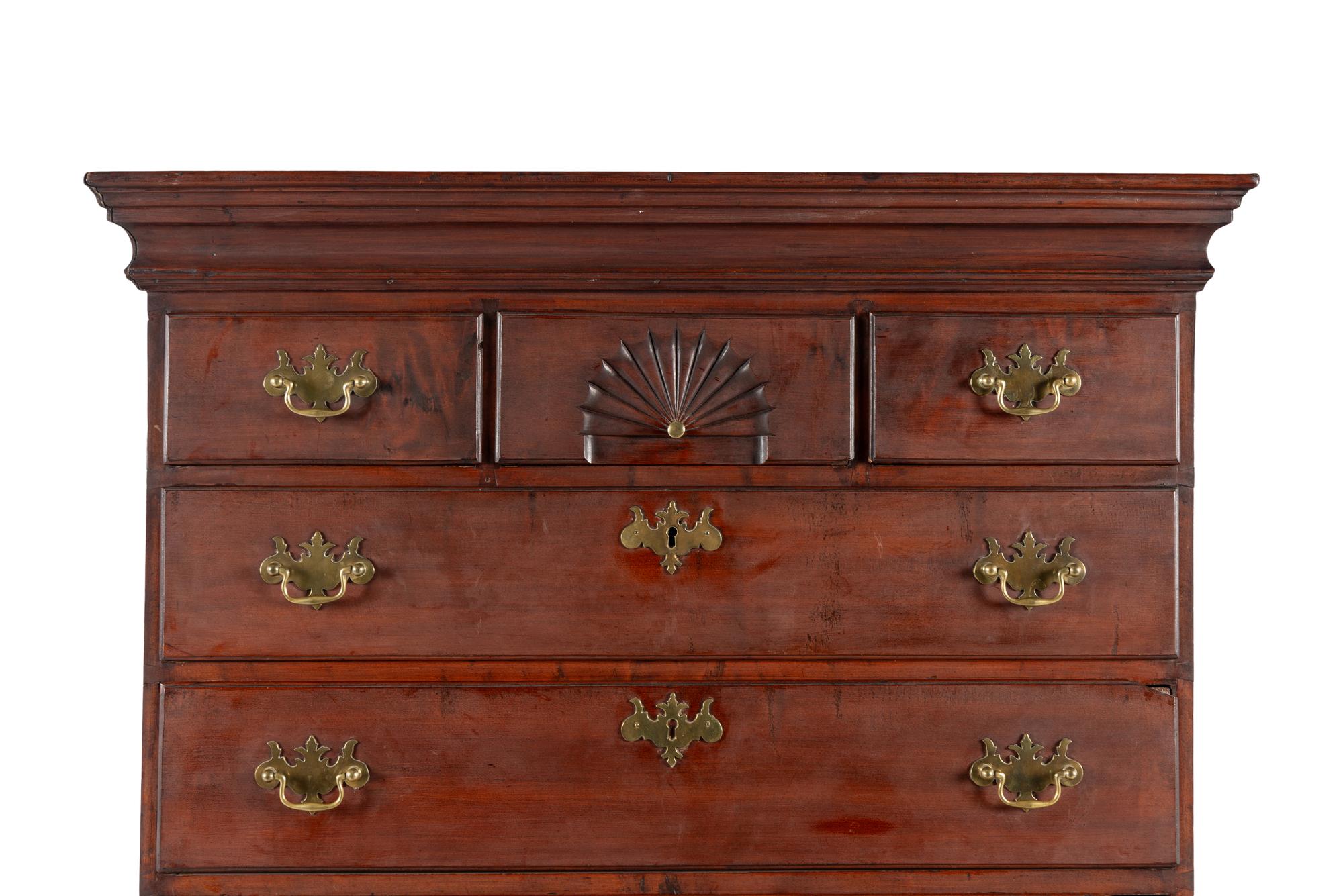 A Queen Anne Fan-Carved Cherrywood Flat-Top High Chest