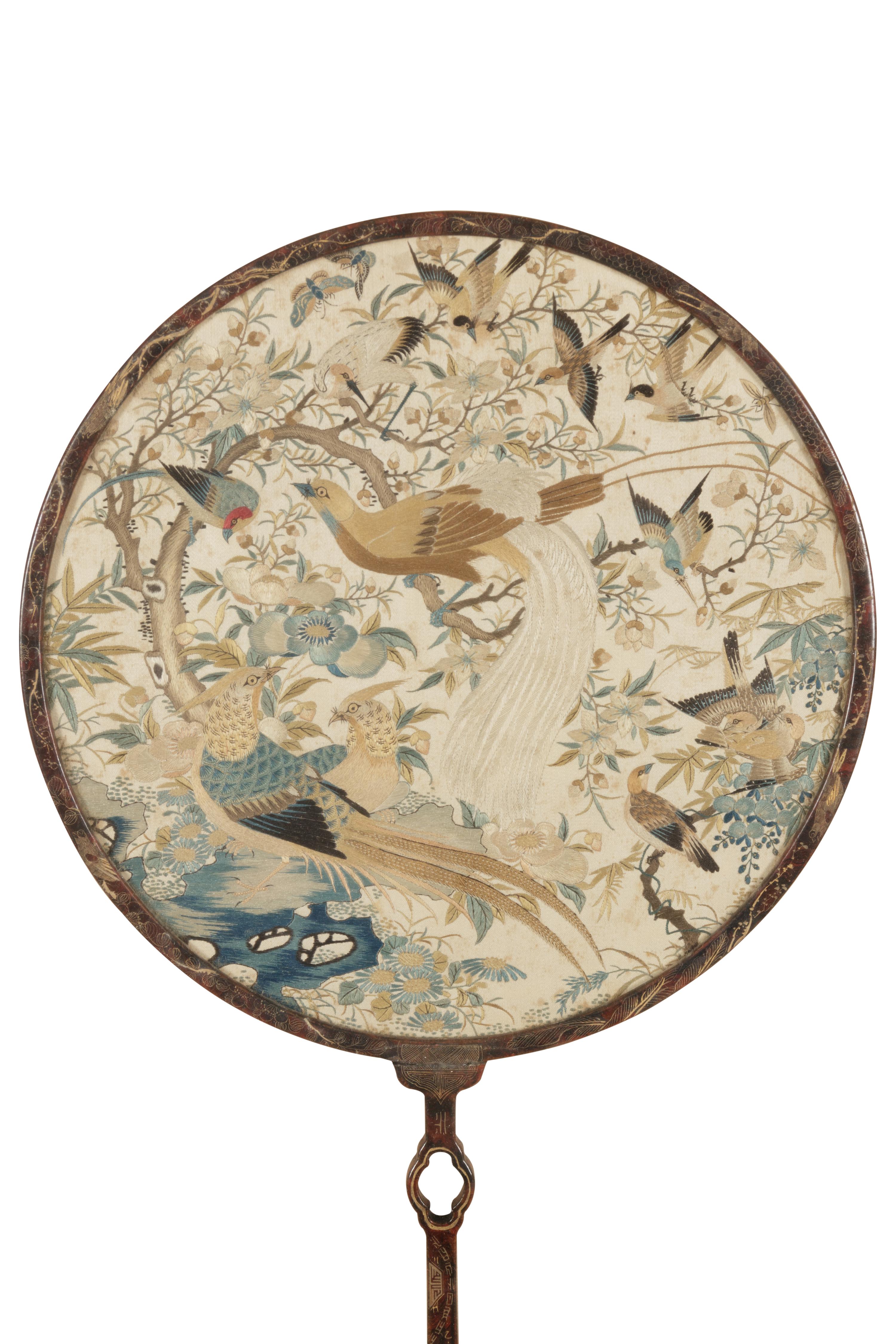 A Pair of Embroidered Silk Circular Fans