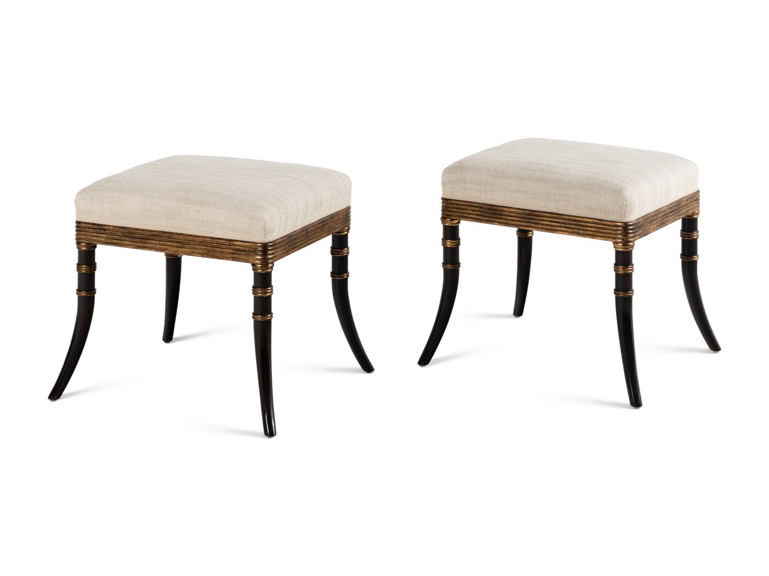 A Pair of Rose Tarlow Ebonized and Parcel-Gilt Stools