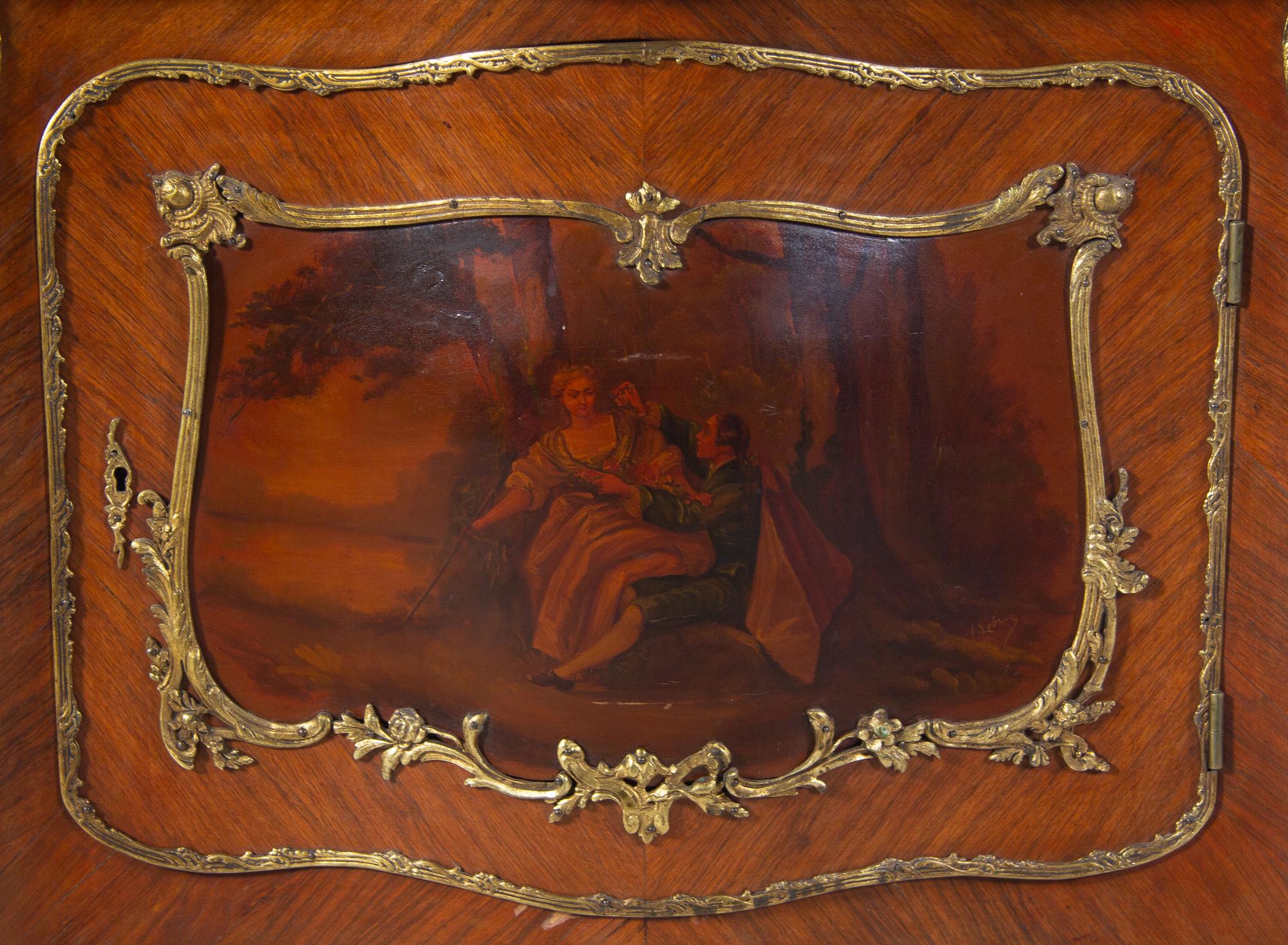 A Louis XV Style Gilt Bronze Mounted Kingwood and Vernis Martin Marble-Top Commode