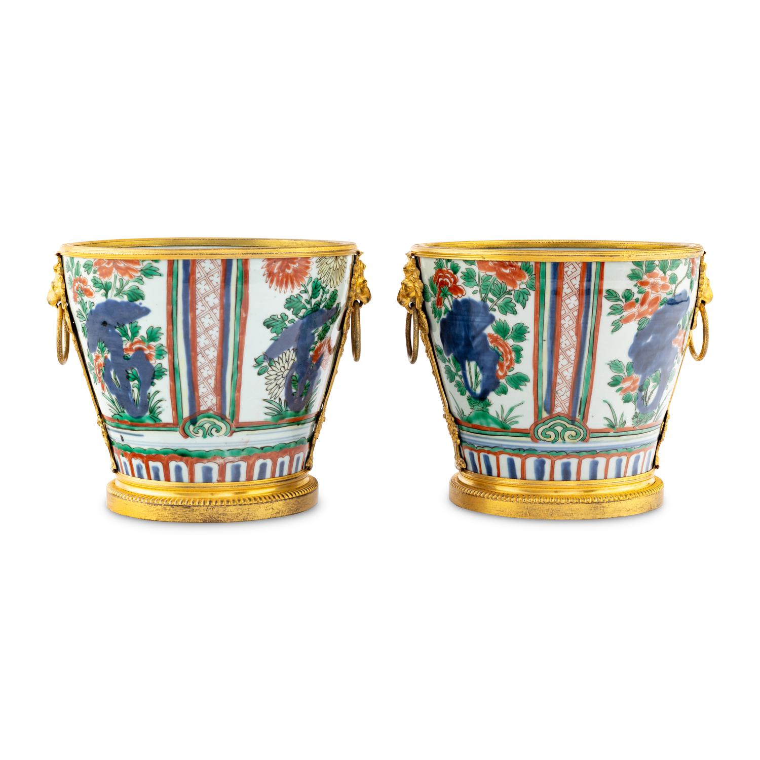 A Pair of Chinese Wucai Porcelain and Ormolu Mounted Jardinières