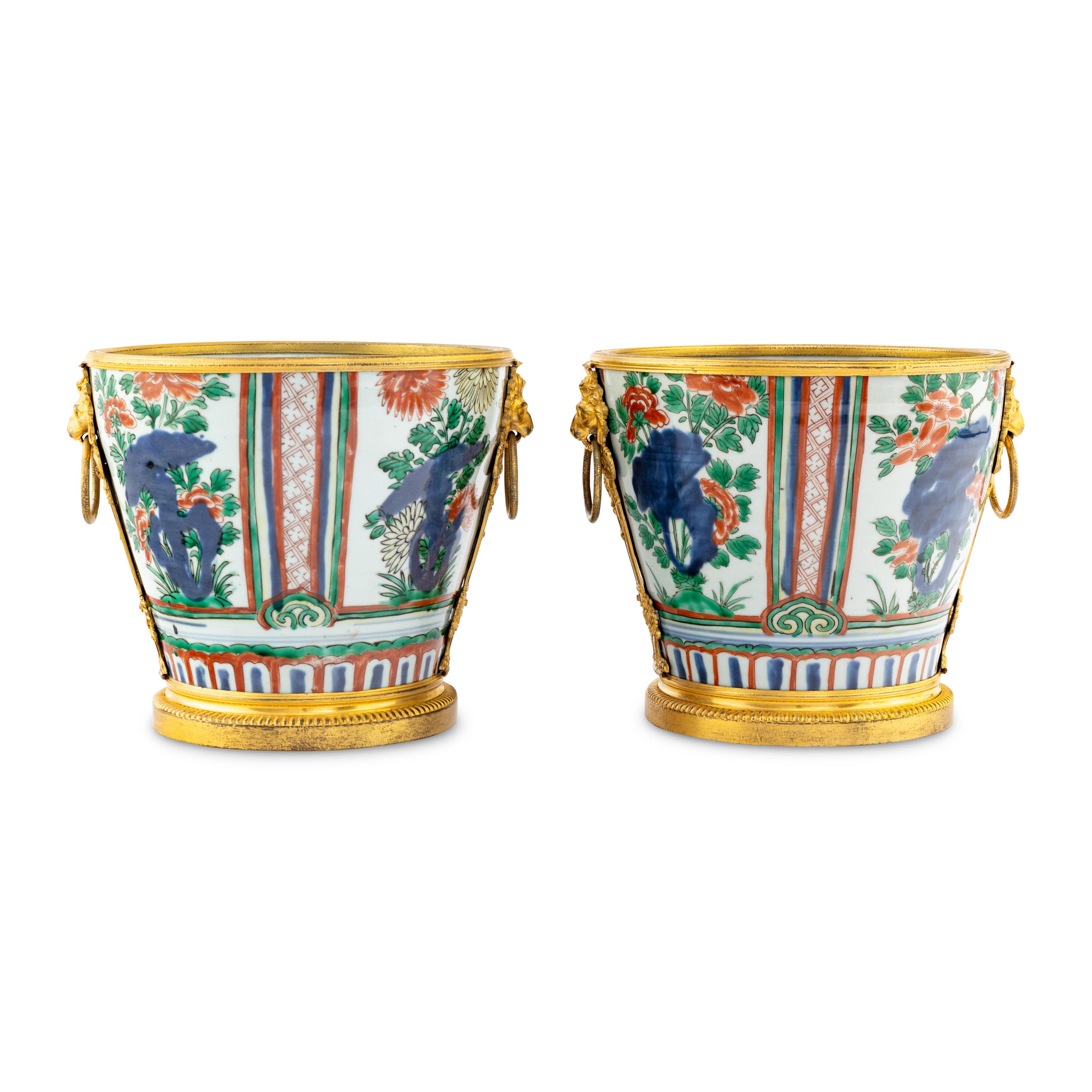 A Pair of Chinese Wucai Porcelain and Ormolu Mounted Jardinières