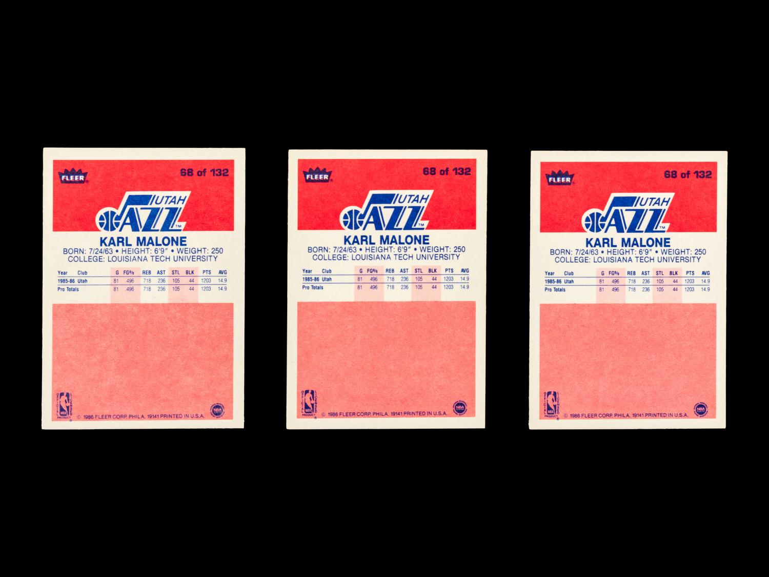 A Group of Three 1986 Fleer Karl Malone Rookie Basketball Cards No. 68