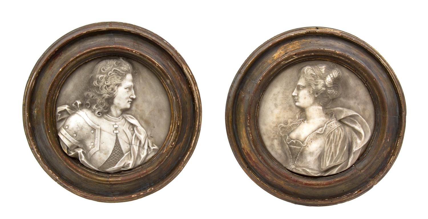 A Pair of French White Marble Relief Roundels, Diameter 15 1/4 inches.