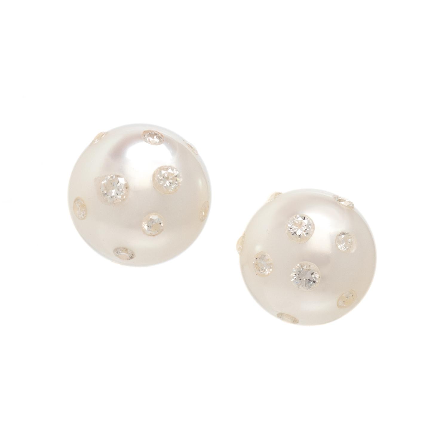 CULTURED PEARL AND DIAMOND STUD EARRINGS