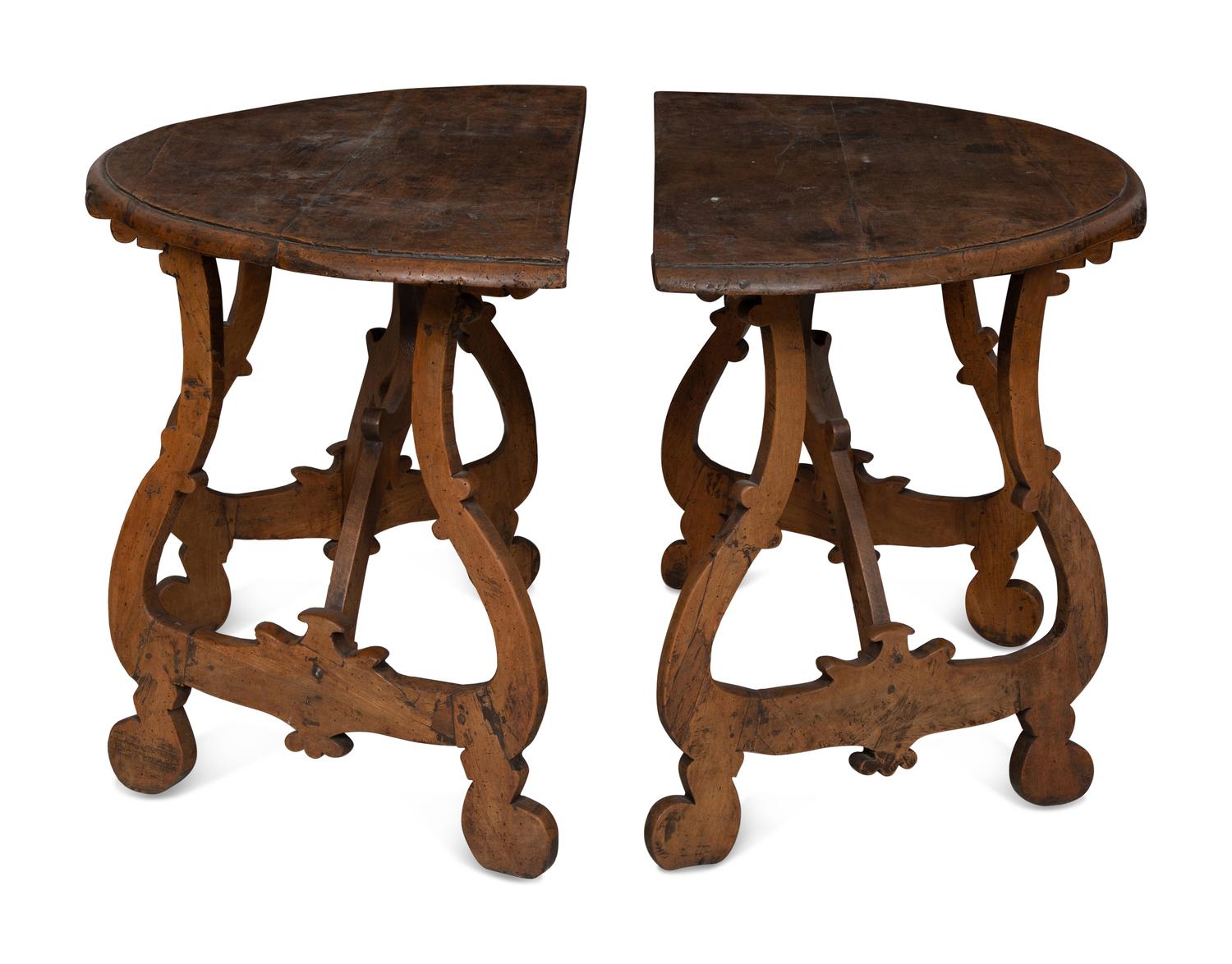 A Pair of Italian Baroque Walnut Demilune Console Tables