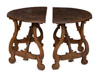A Pair of Italian Baroque Walnut Demilune Console Tables