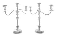 A Pair of American Silver Three-Light Candelabra, Preisner Silver Co., Wallingford, CT, each of baluster form with scrolled handles, ra