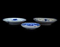 Two Chinese Blue and White Porcelain Dishes and a Small Japanese Blue and White Dish