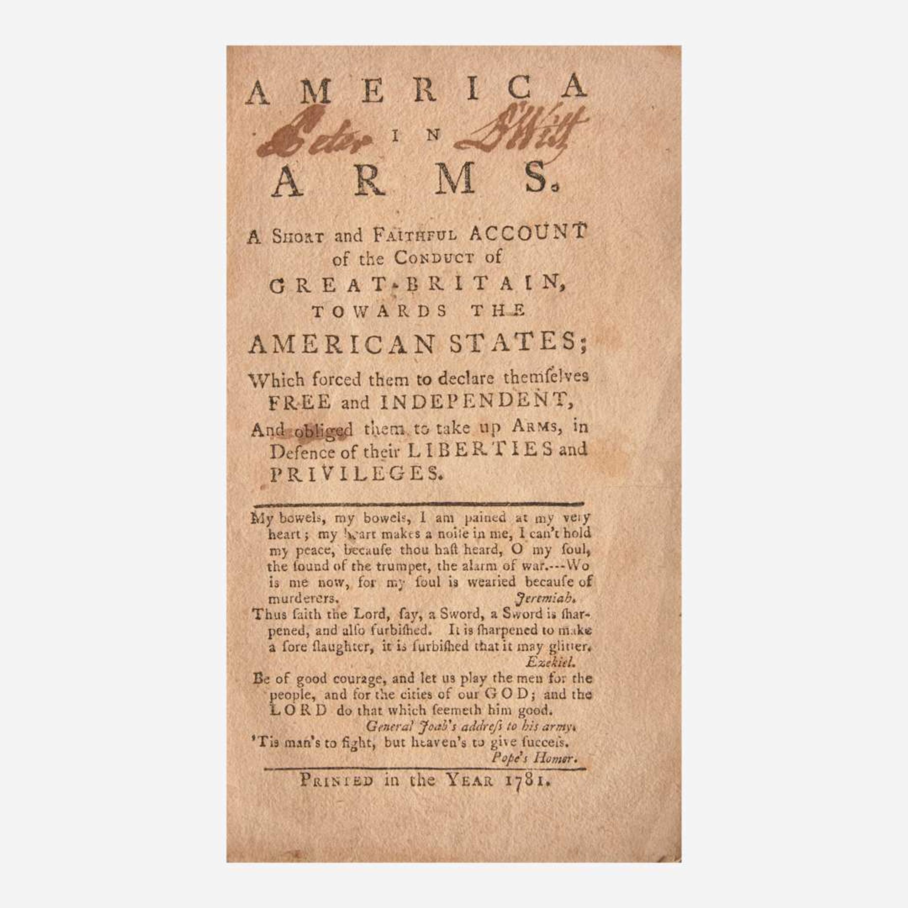 [American Revolution] America in Arms. A Short and Faithful Account of the Conduct of Great Britain Towards the American States; Which forced them to declare themselves Free and Independent...