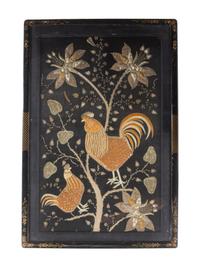 A Chinoiserie Decorated Vitrine Table Inset with an Embroidered Beadwork Picture