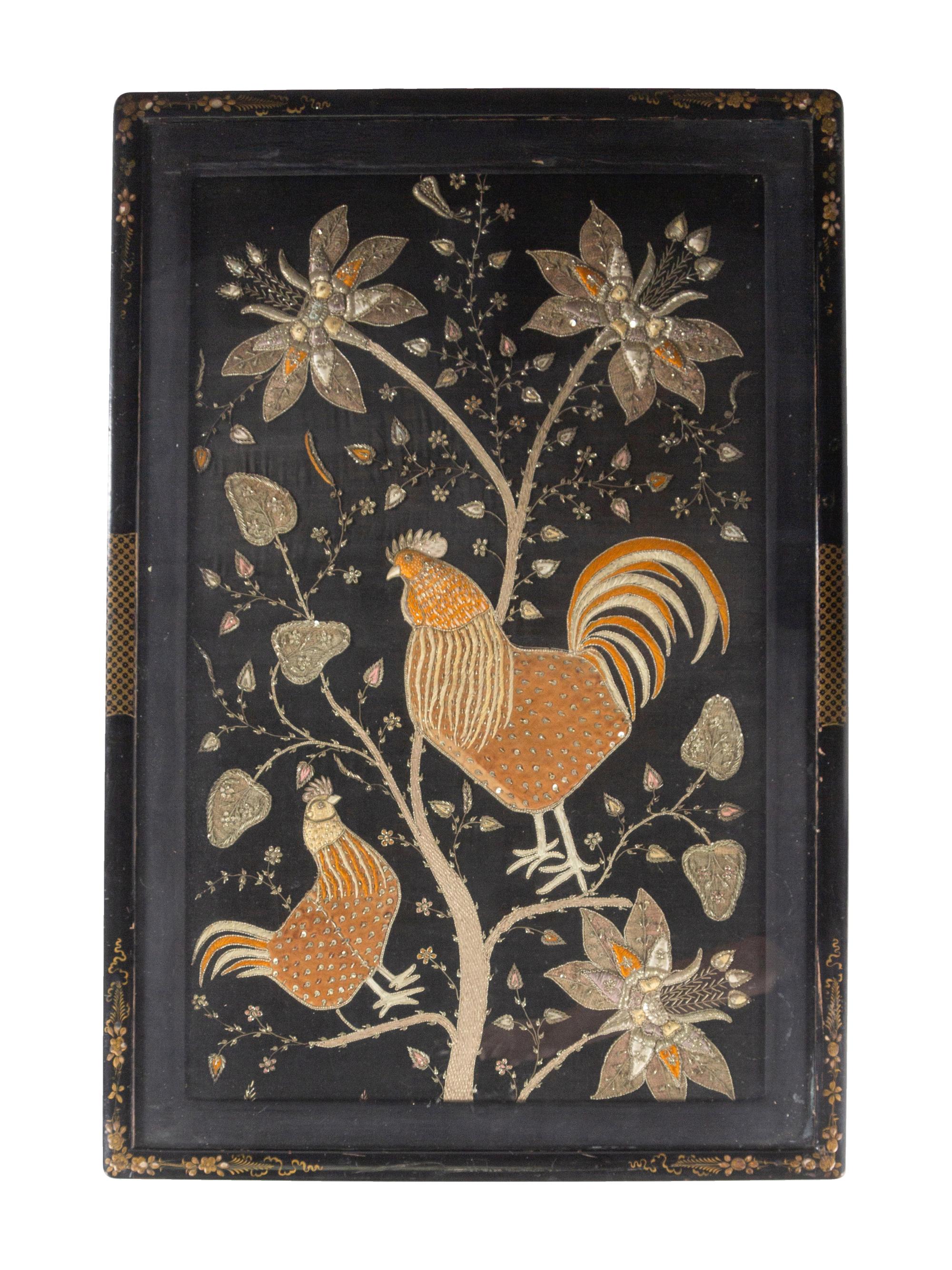 A Chinoiserie Decorated Vitrine Table Inset with an Embroidered Beadwork Picture