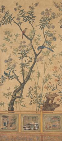 A Pair of Chinese Painted Wall Paper Panels Height 85 x width 43 1/2 inches. — 20TH CENTURY