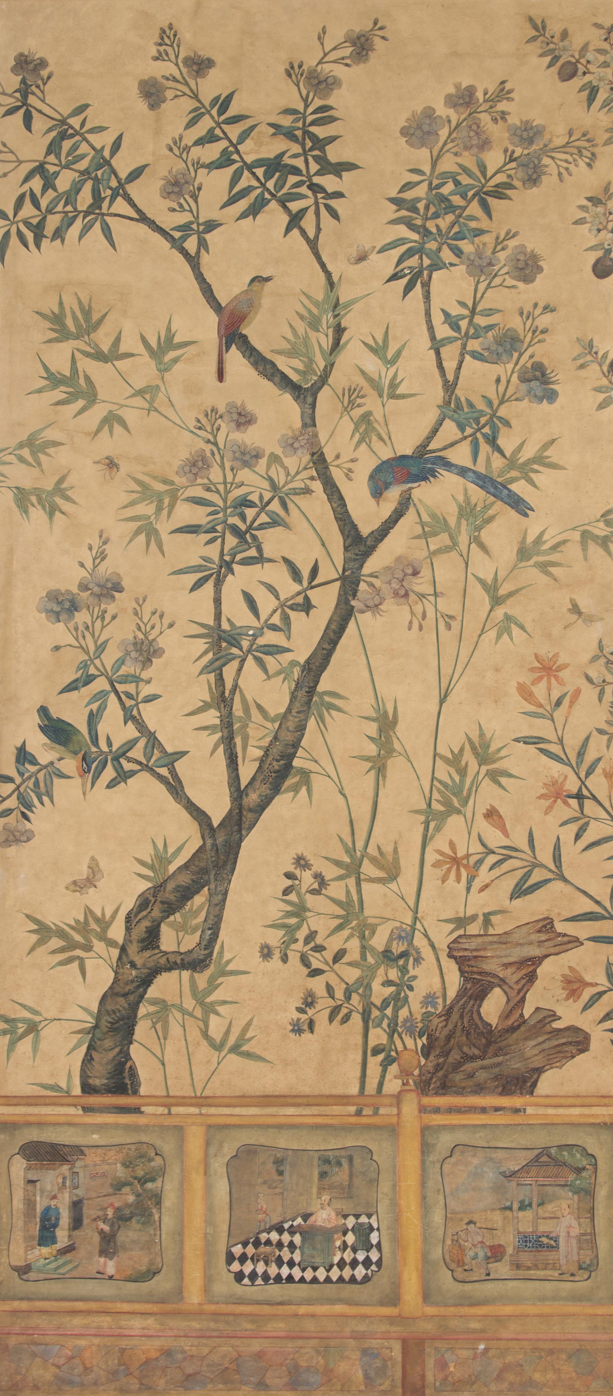 A Pair of Chinese Painted Wall Paper Panels Height 85 x width 43 1/2 inches. — 20TH CENTURY