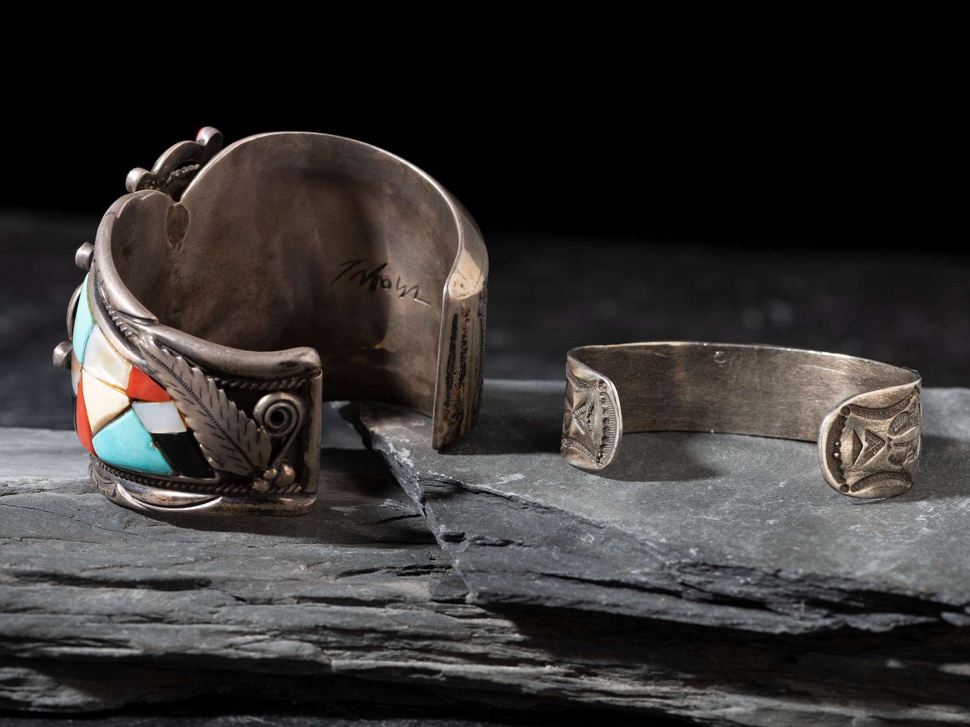Navajo Inlaid Silver Cuff Bracelets