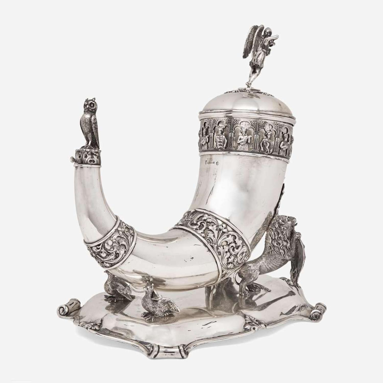 A Danish silver covered drinking horn on stand The horn by Anton Michelsen (1809-1877), the stand marked "AD," Copenhagen, Denmark, bearing date mark for 1855