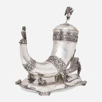 A Danish silver covered drinking horn on stand The horn by Anton Michelsen (1809-1877), the stand marked "AD," Copenhagen, Denmark, bearing date mark for 1855