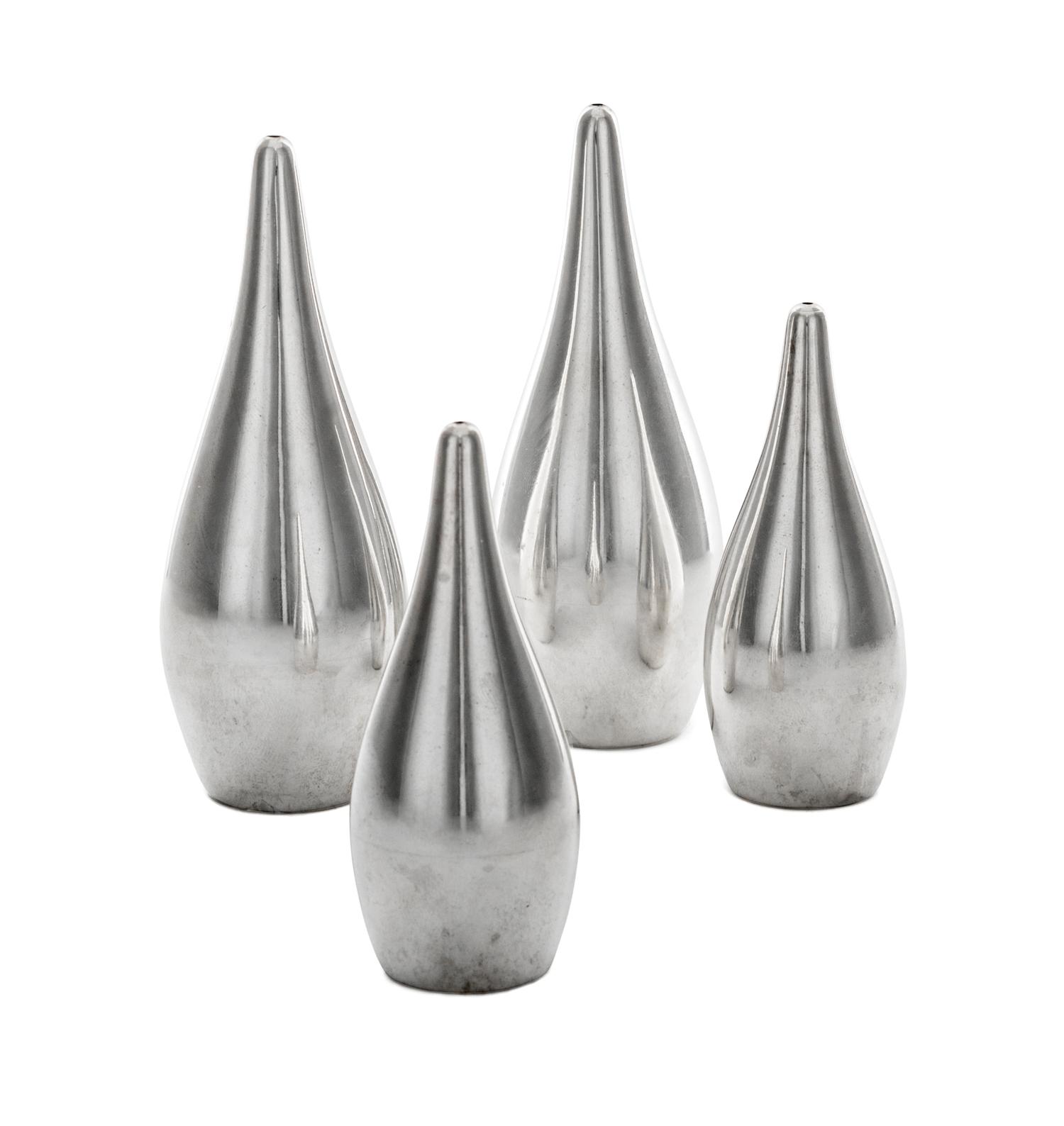 Four American Silver Casters, Allan Adler, Los Angeles, CA, 20th Century, of tapering elongated ovoid form, comprising two pairs in dif