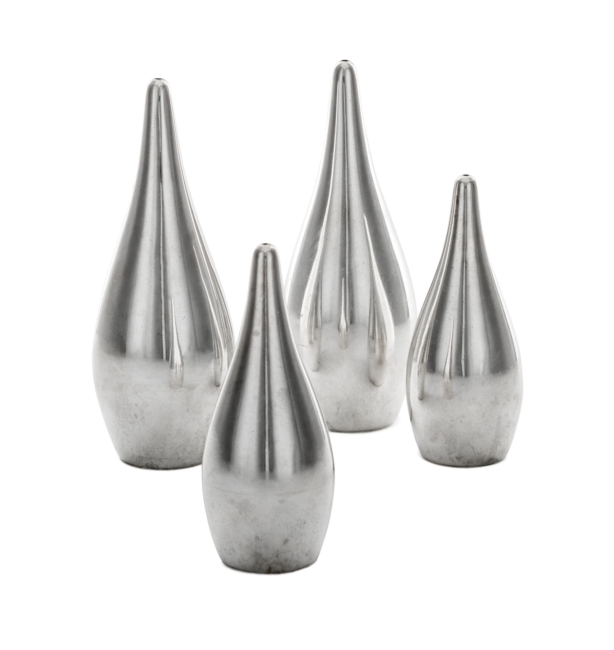 Four American Silver Casters, Allan Adler, Los Angeles, CA, 20th Century, of tapering elongated ovoid form, comprising two pairs in dif
