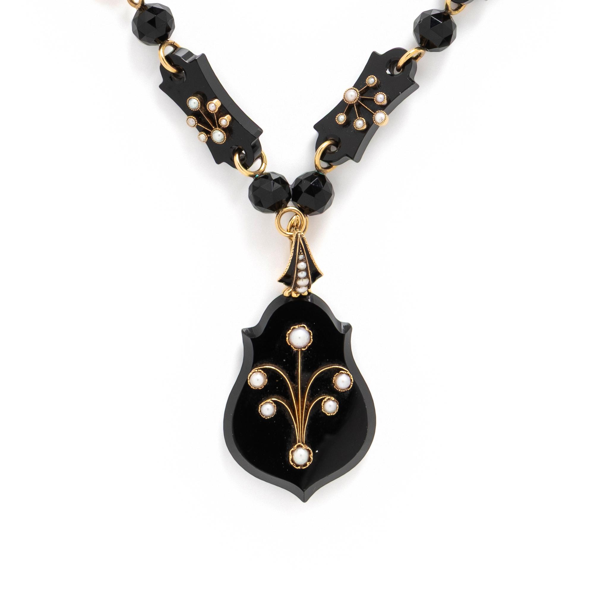 VICTORIAN, BLACK ONYX, SEED PEARL, AND YELLOW GOLD NECKLACE