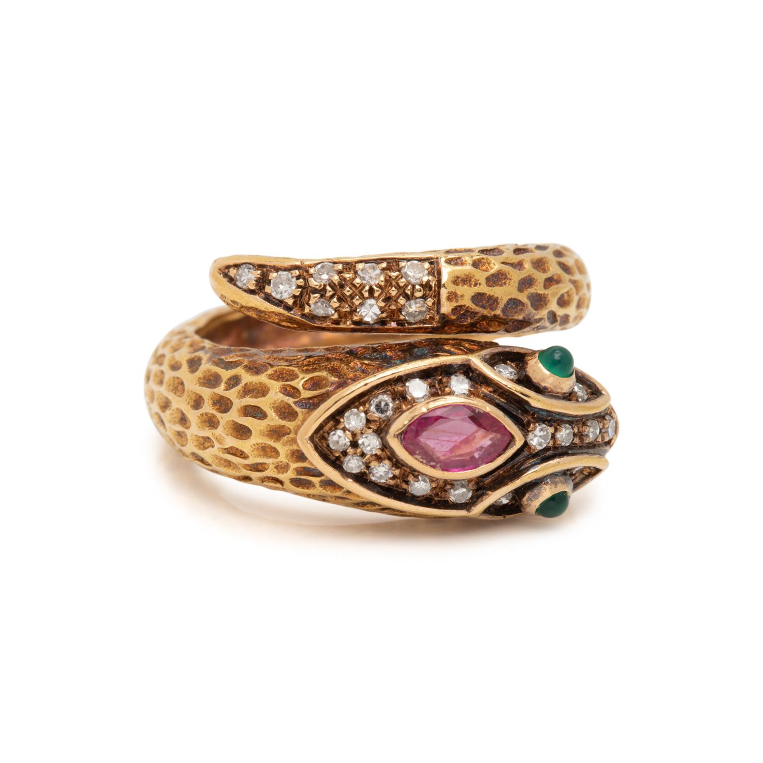 YELLOW GOLD, GEMSTONE AND DIAMOND SNAKE RING