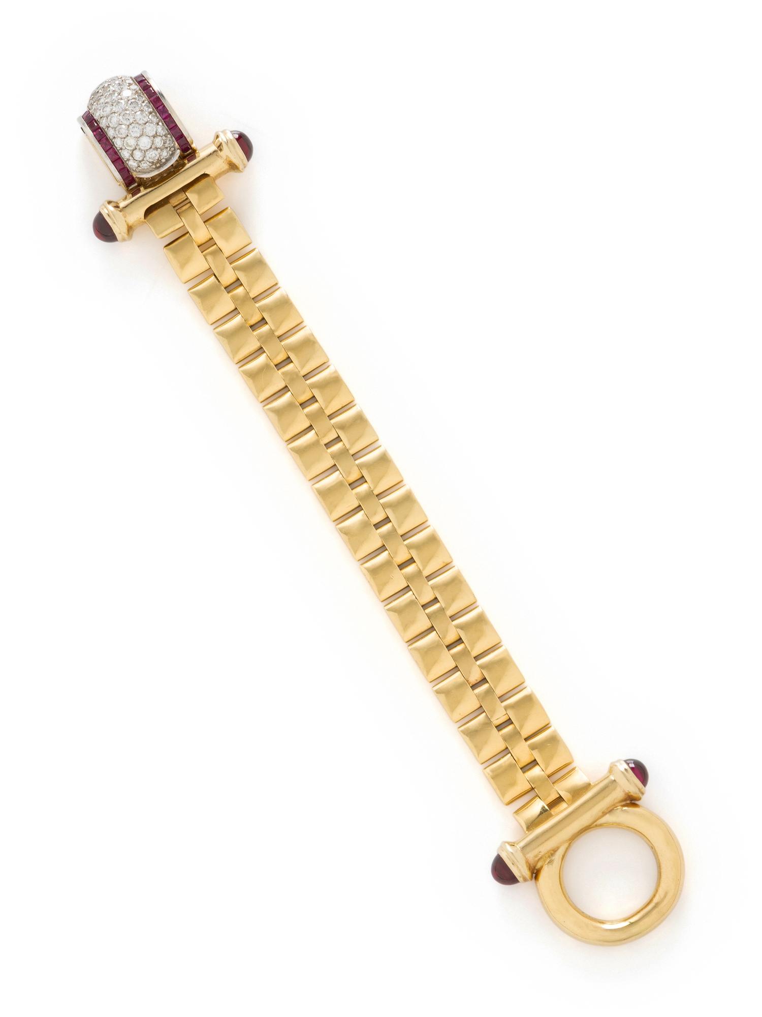 VAN DELL, YELLOW GOLD, DIAMOND, AND RUBY BRACELET